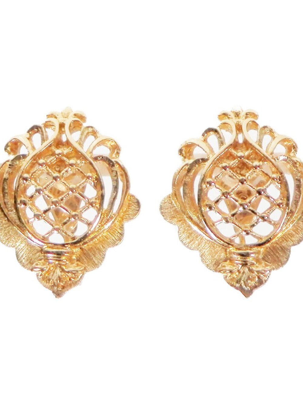 Vtg Monet Gold Tone Filigree Open Work Clip On Earrings Ornate Etruscan 50s 60s
